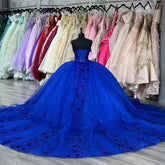 Strapless Lace Royal Blue Quinceanera Sweet 16 Dresses with Flowers